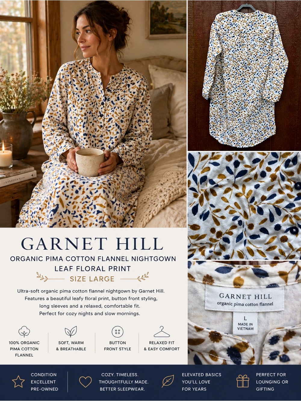 Garnet Hill Organic Pima Cotton Flannel Leaf Floral Nightgown Sleep Shirt Size L